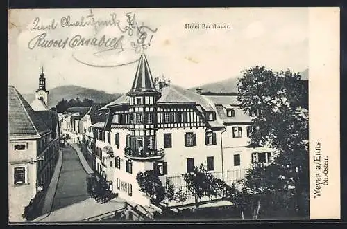 AK Weyer a. Enns, Hotel Bachbauer mit Strasse aus der Vogelschau