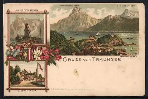 Lithographie Traunkirchen /Traunsee, Gasthaus am Stein, Kaiser Franz-Denkmal, Totalansicht