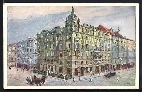 Künstler-AK Wien, Hotel Cafe Restaurant v. J. Guth, Hollandstrasse 14, Pferdekutsche