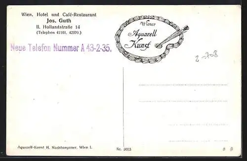 Künstler-AK Wien, Hotel Cafe Restaurant v. J. Guth, Hollandstrasse 14, Pferdekutsche