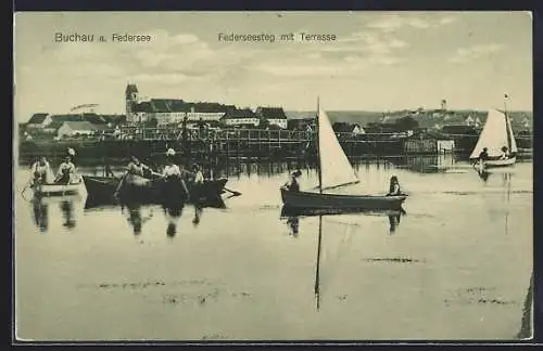 AK Buchau / Federsee, Federsteg mit Terrasse, Boote