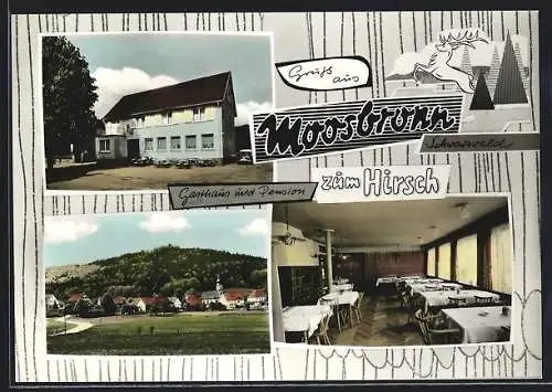 AK Moosbronn, Gasthaus und Pension zum Hirsch, Bes. Fam. Abendschön, Aussenansicht und Ortsansicht