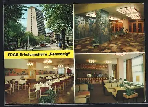 AK Oberhof, FDGB-Erholungsheim Rennsteig, Empfang, Speisesaal, Bar