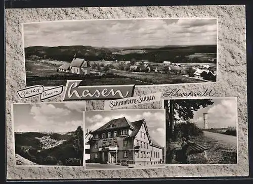 AK Schramberg-Sulgen /Schwarzwald, Gasthof Hasen, Bes. Hugo Haas, Ortsansicht mit Kirche