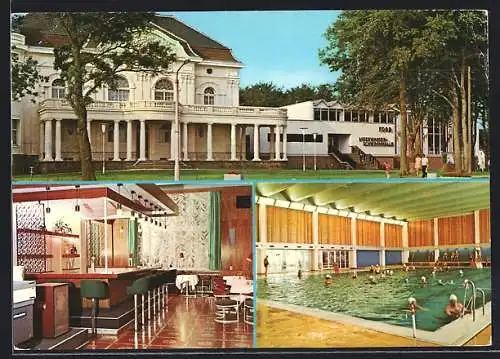 AK Kühlungsborn, Aussen- und Innenansicht der Meerwasserschwimmhalle des FDGB, Bar