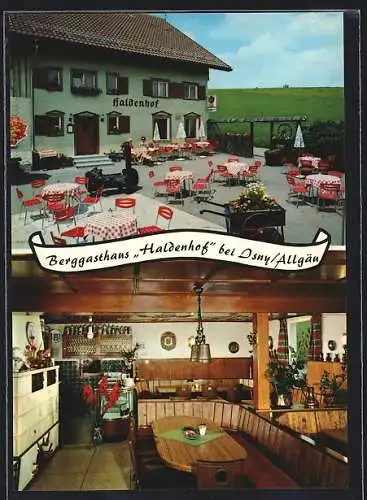 AK Isny /Allgäu, Das Berggasthaus Haldenhof mit Terrasse und urigem Speisesaal