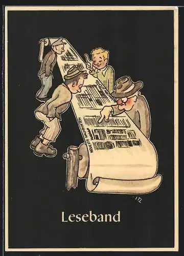 Künstler-AK sign. H. Moritz: bergmännische Begriffe karikiert aus Lustige Gezähekiste, Nr. 7: Leseband