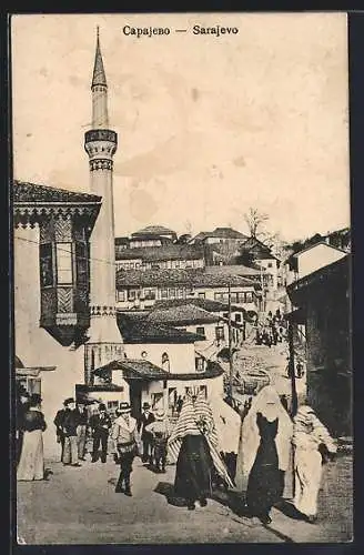 AK Sarajevo, Strassenpartie mit Blick auf das Minarett