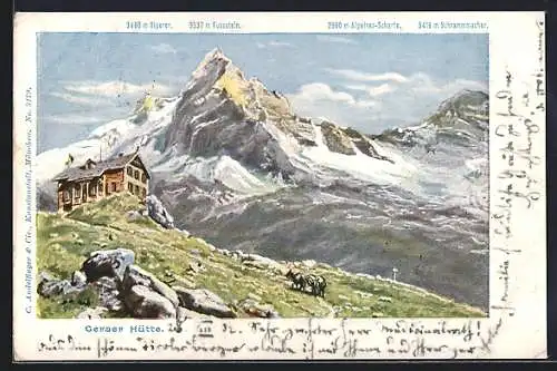 Künstler-AK Geraer Hütte, Panorama mit Olperer, Fussstein, Alpeiner-Scharte und Schrammmacher