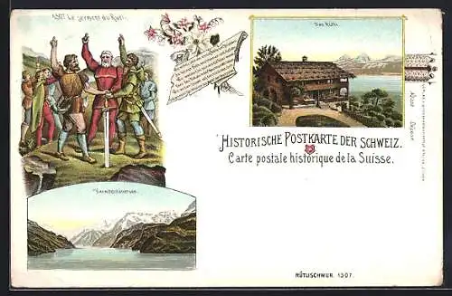 Lithographie Das Rütli, Blick auf Haus am Ufer, Vierwaldstättersee, Le Serment du Rütli