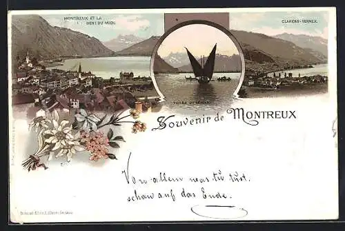 Lithographie Montreux, Panorama et la Dent du Midi, Voiles du Leman