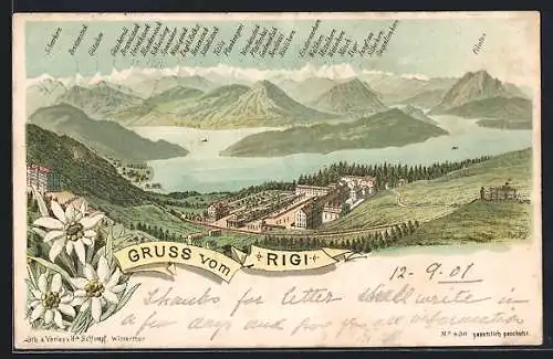 Lithographie Rigi, Blick ins Tal und auf Rigi