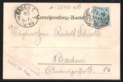 AK Baden, Eisernes Tor auf dem Hohen Lindkogel, Wappen vom Österreichischen Touristen-Club mit Tannenzweig und Enzian