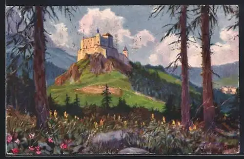 Künstler-AK Tarasp, Panorama mit Burg