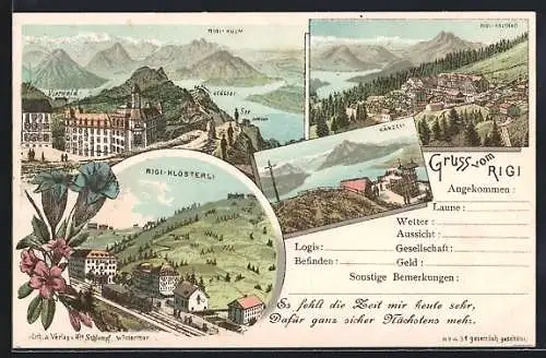 Lithographie Rigi, Kulm, Kaltbad, Klösterli, Känzeli