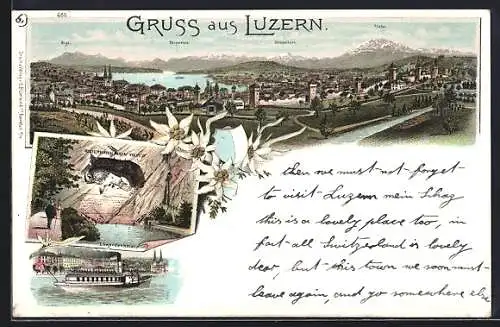 AK Luzern, Löwendenkmal, Totalansicht mit Rigi, Pilatus, Stauserhorn, Edelweiss