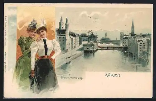 Lithographie Zürich, Blick vom Mühlesteg auf den Ort, Zwei elegante Fräuleins