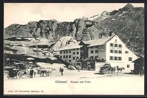 AK Grimsel-Hospiz, Hotelansicht mit Pferdekutschen und Post