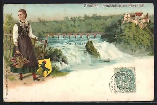 Lithographie Schweiz, Schaffhausermädchen in Tracht am Rheinfall, Wappen