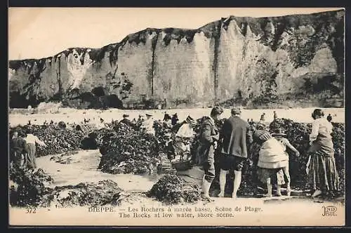 AK Dieppe, Les Rochers a Maree basse, Scene de Plage, Muschelsammler am Strand