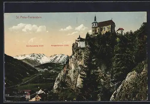 AK St. Peter-Freienstein, Panorama mit Kirche, Reichenstein und Bergermauer