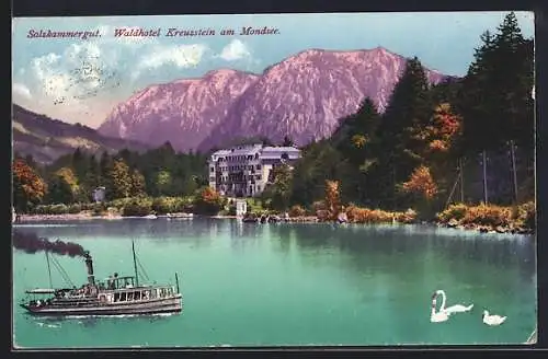 AK Mondsee, Kreuzstein, Waldhotel und Dampfer