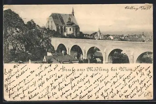 AK Mödling, Teilansicht mit Viadukt und Kirche