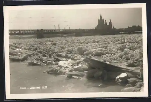 AK Wien, Eisstoss 1929, Reichsbrücke mit Eisschollen