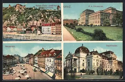 AK Graz, K. k. Universität, Hauptplatz, Stadttheater