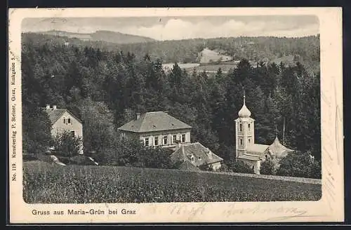 AK Maria-Grün bei Graz, Ortspartie mit Kirche