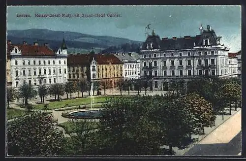 AK Leoben, Kaiser-Josef-Platz mit Grand-Hotel Gärner