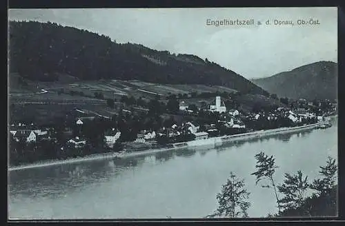 AK Engelhartszell, Blick auf Fluss mit Kirche