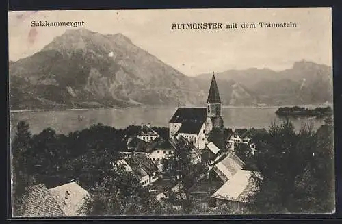 AK Altmünster, Salzkammergut, Ortspartie und Kirche mit dem Traunstein