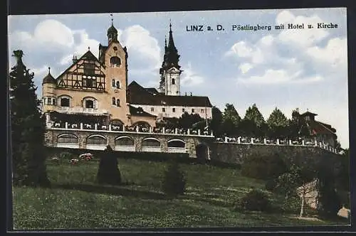 AK Linz a. D., Pöstlingberg mit Hotel und Kirche