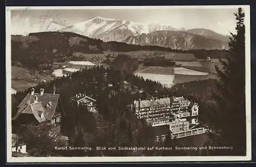 AK Semmering, Blick vom Südbahnhotel auf Kurhaus und Schneeberg