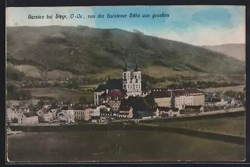 AK Garsten bei Steyr, Wallfahrtskirche von der Garstener Höhe aus gesehen