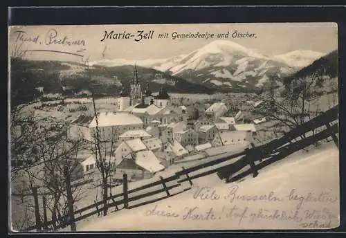 AK Maria-Zell, Teilansicht mit Gemeindealpe und Ötscher im Schnee