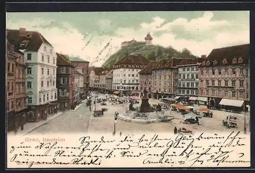 AK Graz, Hauptplatz mit Lebensmittelgeschäft und Denkmal