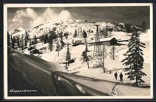 AK Krippenbrunn, Ortspartie mit Skifahrerin im Winter