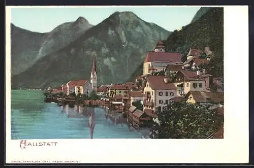 AK Hallstatt, Teilansicht mit Kirche und Bergen