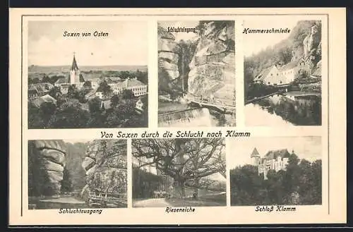 AK Saxen, Teilansicht von Osten, Schluchteingang, Schloss Klamm