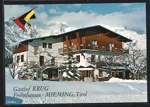 AK Frohnhausen-Mieming, Gasthof Krug, Bes. Fam. Riml, Ansicht im Winter