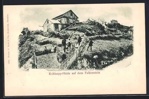 AK Kohlsepp-Hütte /Falkenstein, Wanderer vor der Berghütte, Falkenstein-Sepp mit Ziege