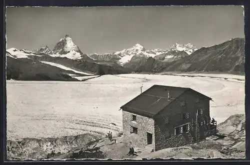 AK Monte Rosa-Hütte /Zermatt, Blick gegen Matterhorn und Obergabelhorn