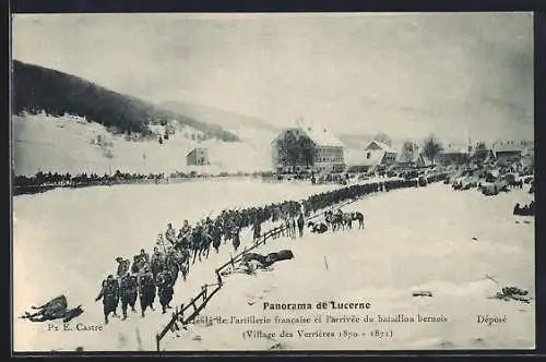 AK Defile de l'artillerie francaise et l'arrivee du bataillon bernois, Village des Verrieres 1870-1871