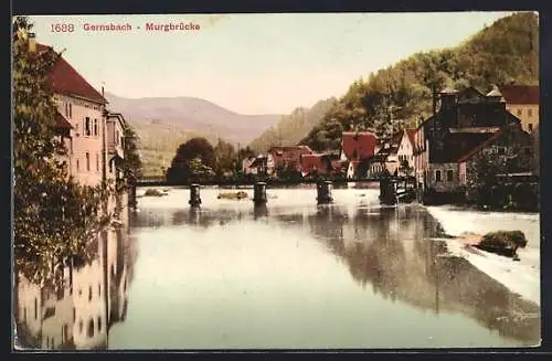 AK Gernsbach, Mürgbrücke von der Murg gesehen