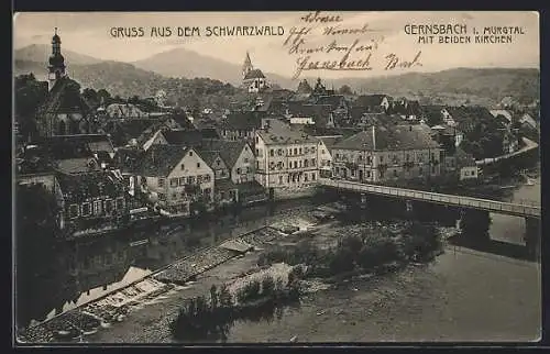 AK Gernsbach, Ortsansicht mit beiden Kirchen