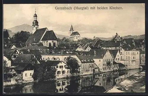 AK Gernsbach /Murgtal, Ortsansicht mit Flusspartie und beiden Kirchen