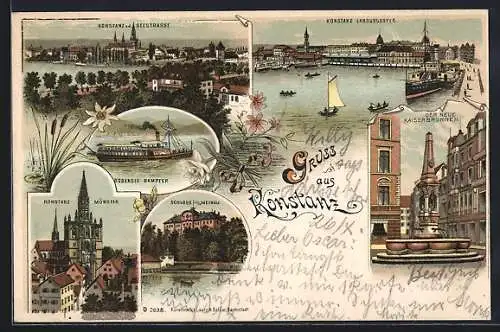 Lithographie Konstanz, Landungssteg, Münster, Dampfer, Schloss Mainau, Kaiserbrunnen