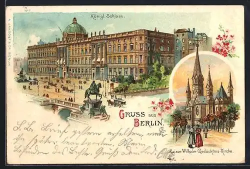 Lithographie Berlin, Königliches Schloss, Kaiser Wilhelm-Gedächtnis-Kirche